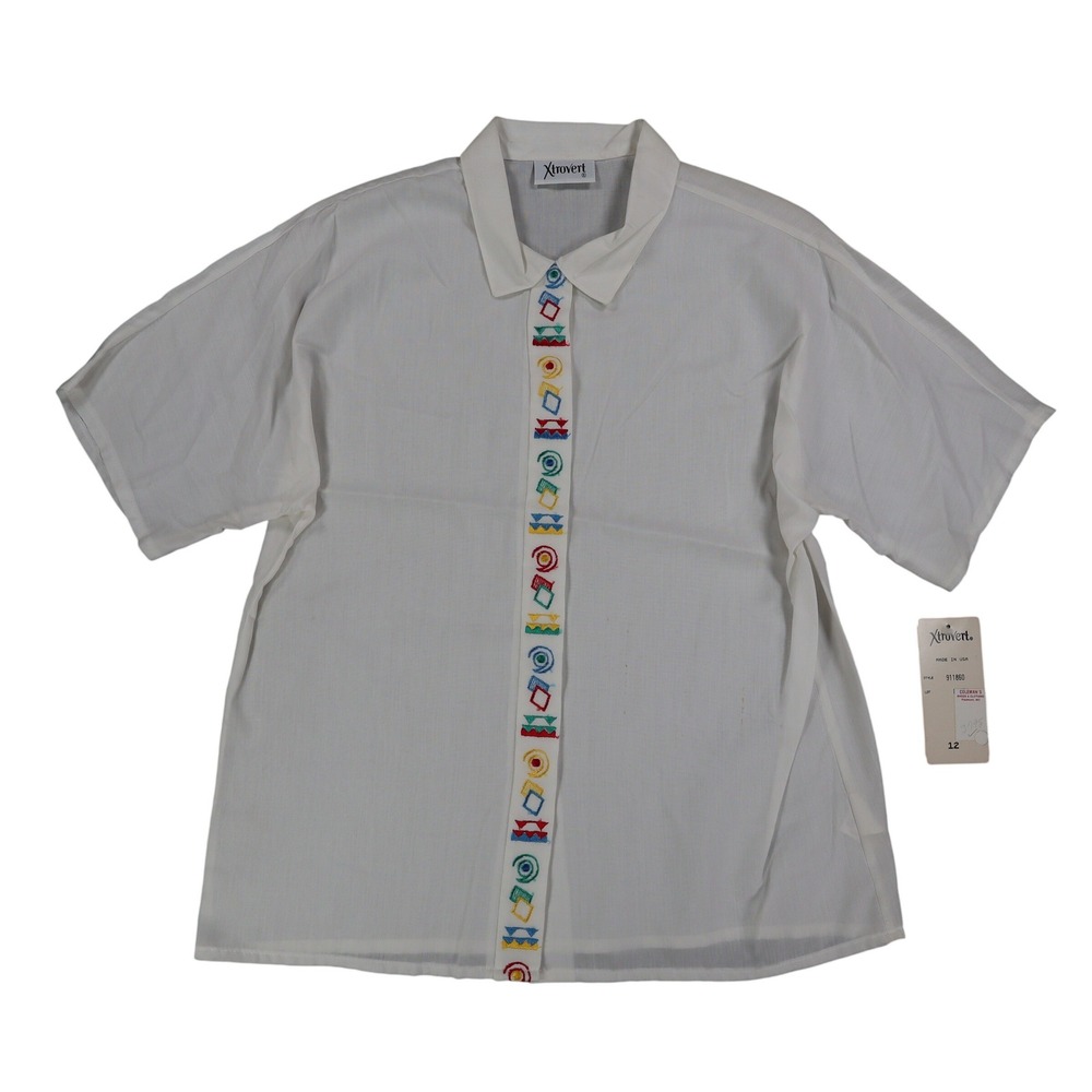 Xtrovert Blouse Womens 12 White Geometric Embroidered USA NOS With Tags Flaws